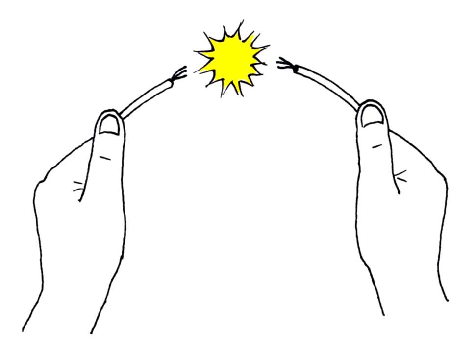 Boy hands holding two wires with a bright yellow spark between them